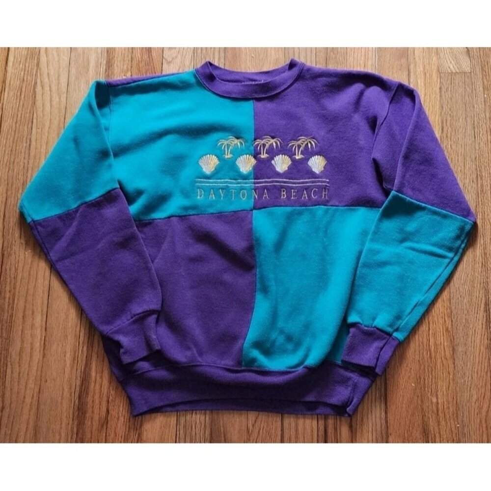 Vintage Sweatshirt S/M Colorblock Boxy Fit Crewneck Daytona Beach FL 90s Y2K